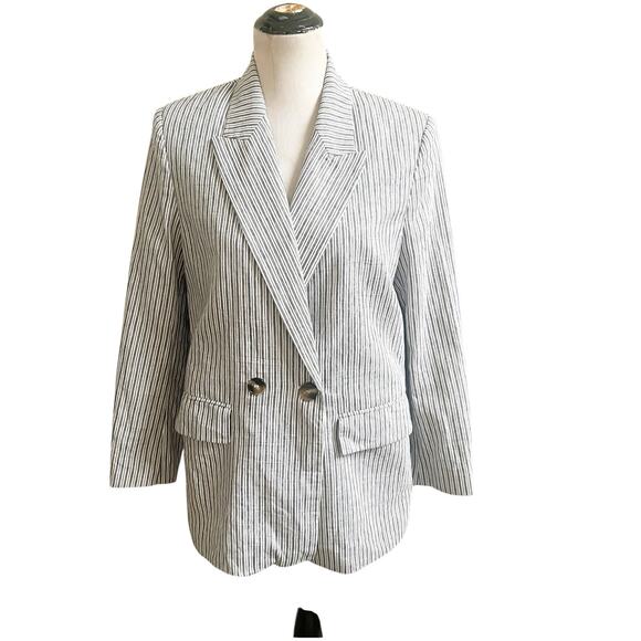 Zara Women’s Striped Linen Blend Boyfriend Blazer Size Medium Two Button Blue - Picture 1 of 15